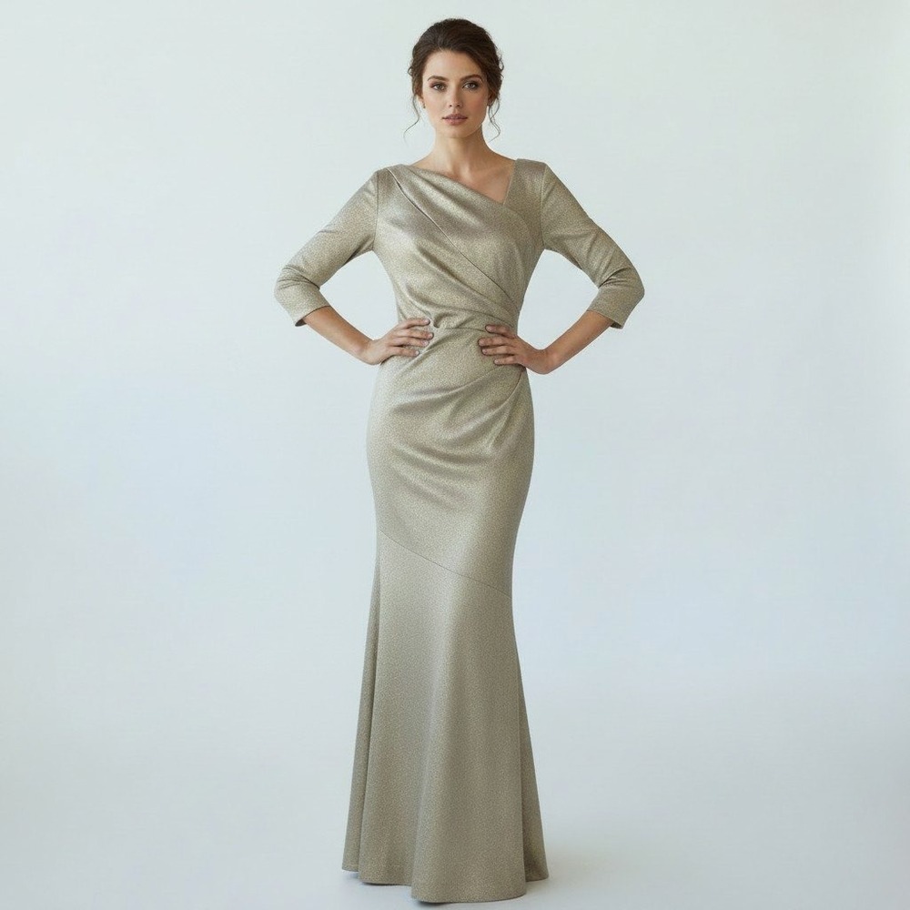 RICKIE‎ FREEMAN TERI JON Gold Metallic Maxi Gown 12 Asymmetric Formal Wedding